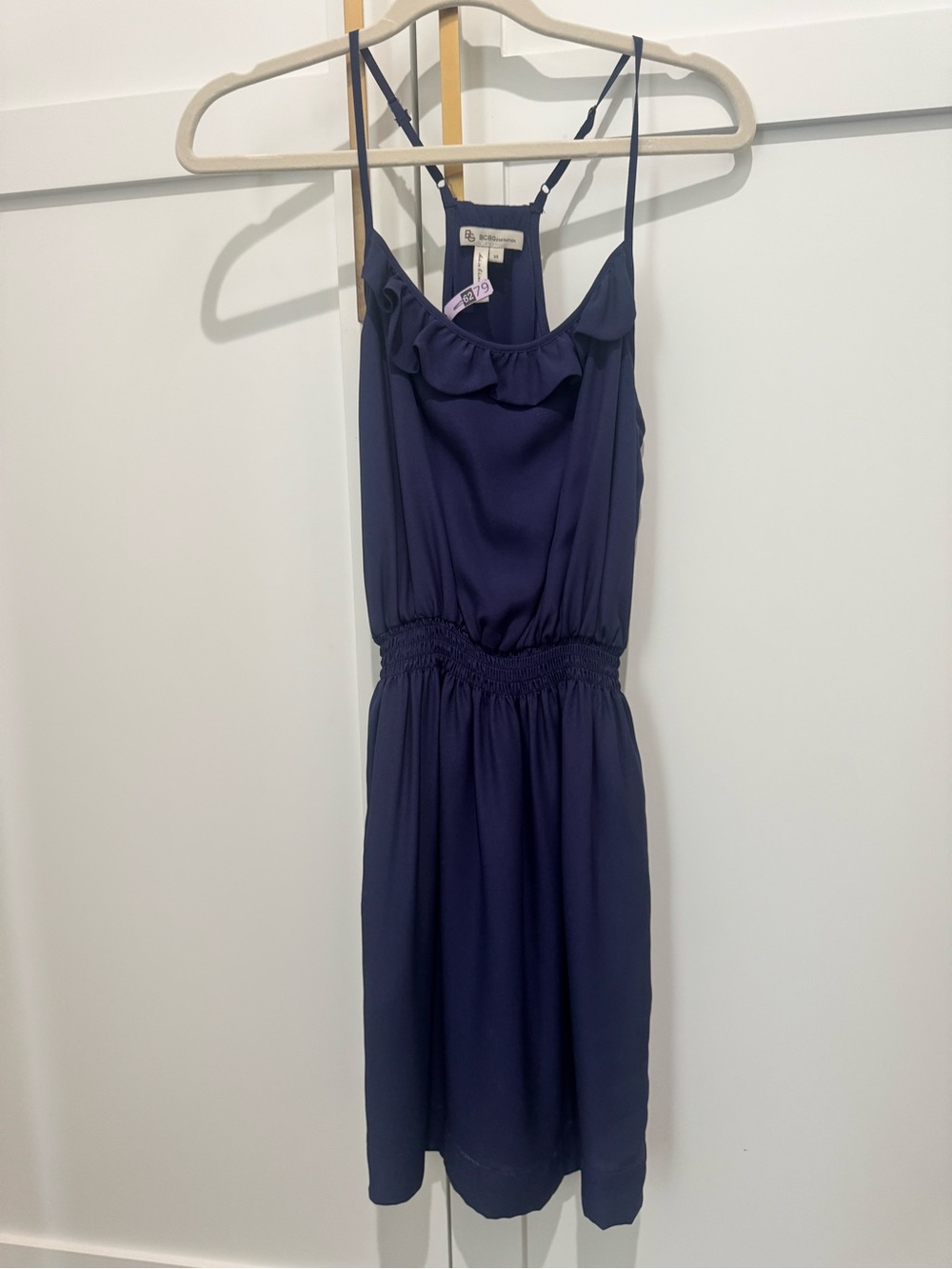 BCBGeneration Navy Ruffle-Trim Spaghetti Strap Mini Dress